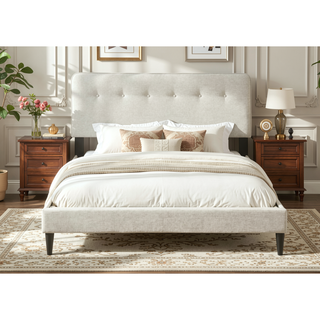 Sunvega Queen Upholstered Pleated Bed in a Box with Sturdy Dark Brown Frame