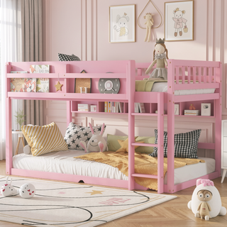 Sunvega Low Twin Over Twin Solid Wood Bunk Bed with Ladder for Kids & Juniors