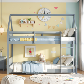 Sunvega Twin Over Twin Wooden House Bunk Bed with Headboards Footboards Guardrails Ladder