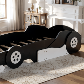 Sunvega Twin Size Race Car Platform Bed with Wheels and Safety Rails