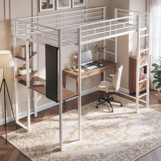 Sunvega Twin Metal Loft Bed with 2 Shelves and Desk for Study and Storage