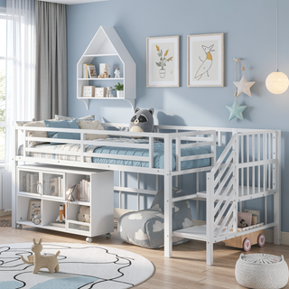 Sunvega Low Twin Metal Loft Bed with Stairs and 6 Rolling Storage Cubbies for Kids