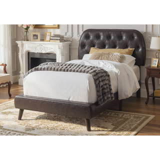 Sunvega Upholstered Twin Size Bed with Brown Leather Look Headboard and Wood Legs