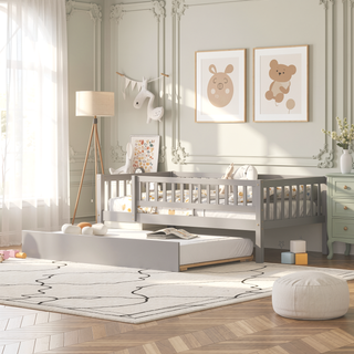 Sunvega Natural Twin Size Wood Daybed with Trundle and Fence Guardrails