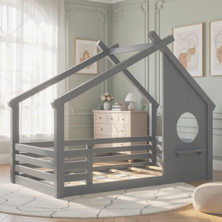 Sunvega White Twin House Floor Bed with Window and Shelf for Kids Room