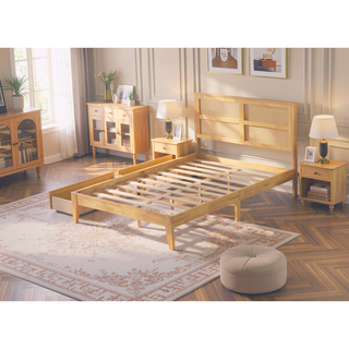 Sunvega Full Size Bed with Rattan Headboard Two Storage Drawers and Enhanced Support Slats