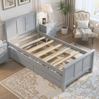 Sunvega Twin Size White Platform Bed with Trundle and Two Drawers for Storage