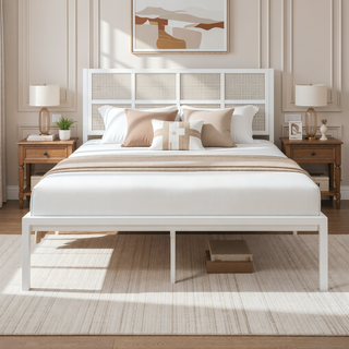 Sunvega White Faux Cane Panel Headboard King Platform Bed with Metal Frame