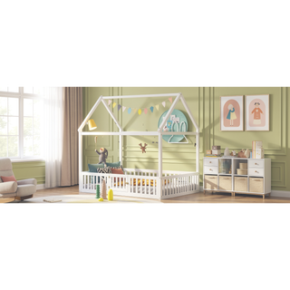 Sunvega Twin Size Wood House Bed with Fence Door and Distressed Washed Design