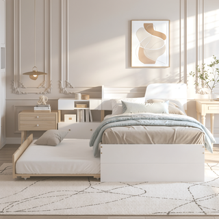 Sunvega Modern White High Gloss Twin Bed Frame with Light Oak Trundle for Space Saving
