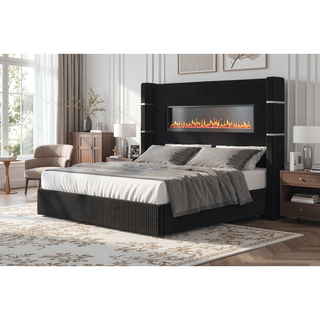 Sunvega King Size Upholstered Wooden Bed with Bluetooth Speakers and USB Ports