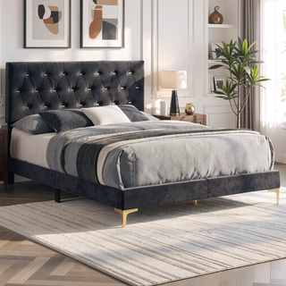 Sunvega Black and Gold Diamond Tufted Upholstered Eastern King Panel Bed Frame