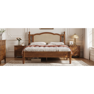 Sunvega Queen Size Wooden Platform Bed with Natural Rattan Headboard and Wooden Slat Support