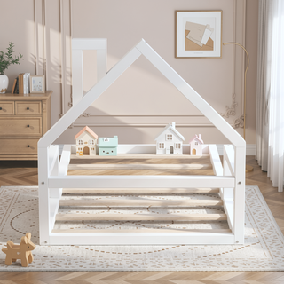 Sunvega Natural Wood Floor Bed with House-Shaped Headboard for Kids Room