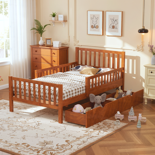 Sunvega Twin Size Walnut Wood Platform Bed with Guardrails and Two Storage Drawers