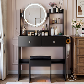 Sunvega 17 Inch Round LED Vanity Table Set with Cushioned Stool and Touch Control Mirror
