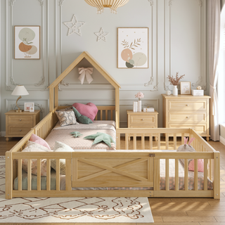 Sunvega Full Size House Floor Bed with Door and Full-Length Guardrails for Kids