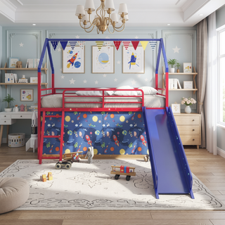 Sunvega Marvel Superhero Metal Twin Loft Bed with Slide and Curtain Set