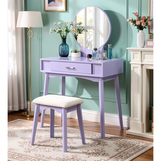Sunvega Gold Modern Wood Vanity Set with Round Mirror and Matching Stool