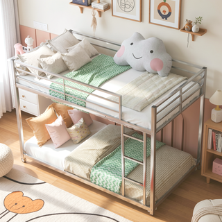 Sunvega Full over Full Metal Bunk Bed with Ladder and Guardrail for Bedroom