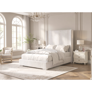 Sunvega Contemporary White Fur Chenille Fabric Mattress Ready Queen Size Bed