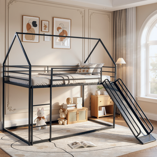 Sunvega Twin over Twin House Bunk Bed with Ladder and Slide in White