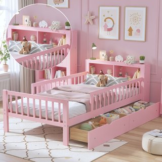 Sunvega Twin Size Bed with Headboard Storage, Two Under-Bed Drawers, and Three-Side Guardrails