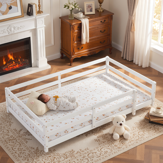 Sunvega Full Size Floor Bed with Fence for Kids Made of Sturdy Pine Wood