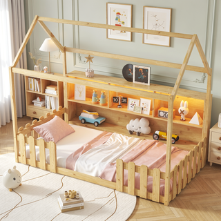 Sunvega Twin House Bed with LED Light Storage Bookshelf Guardrails for Kids Navy Blue