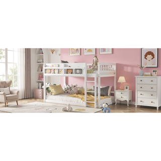 Sunvega Low Twin Over Twin Solid Wood Bunk Bed with Ladder for Kids & Juniors