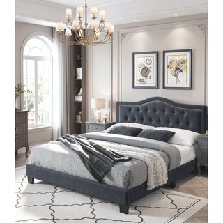 Sunvega European Queen Size Bed with Button Tufted Headboard and Charcoal Finish