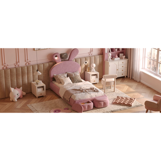 Sunvega Pink Twin Size Cartoon Ears Shaped Upholstered Platform Bed with Light