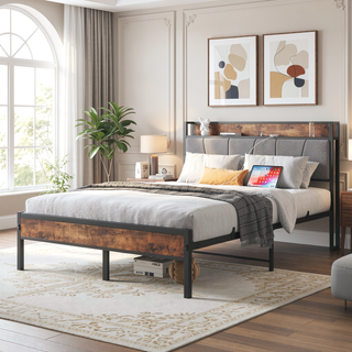 Sunvega Full Size Bed Frame with Storage Headboard and Charging Station Outlets