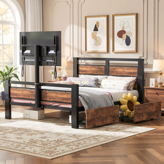 Sunvega Twin Size Metal Platform Bed with MDF Headboard and Two Storage Drawers