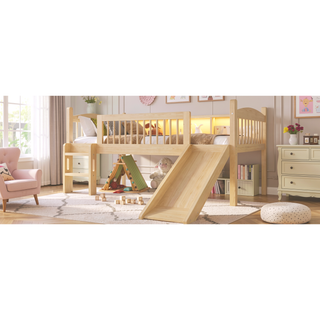 Sunvega Twin Loft Bed with Storage Shelves, LED Lights and Full Guardrails, Pink
