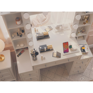 Sunvega Makeup Vanity Desk with Lighted Mirror, Charging Station and 7 Drawers