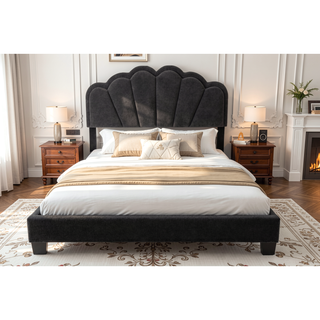 Sunvega Queen Bed with LED Headboard and Scalloped Tufted Upholstery in Charcoal