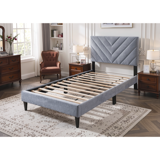 Sunvega Adjustable Velvet Upholstered Twin Bed with 12-Slat Support System