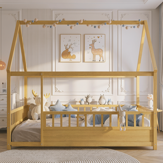 Sunvega Twin Size Floor Wooden Bed with House Roof Frame and Fence Guardrails