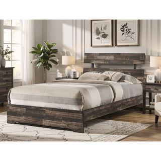 Sunvega Rustic Queen Platform Bed Slat Headboard with Brown Finish Wood Veneers