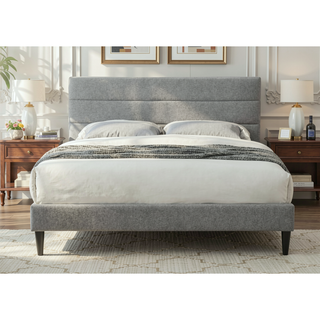 Sunvega Queen Upholstered Pleated Bed in a Box with Sturdy Dark Brown Frame
