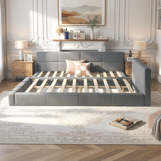 Sunvega Stylish Gray Upholstered King Bed with Faux Leather and Wood Frame
