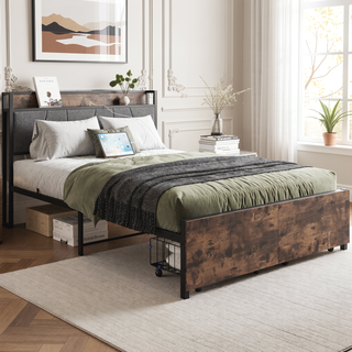 Sunvega Full Size Bed Frame with Storage Headboard and Charging Station Outlets