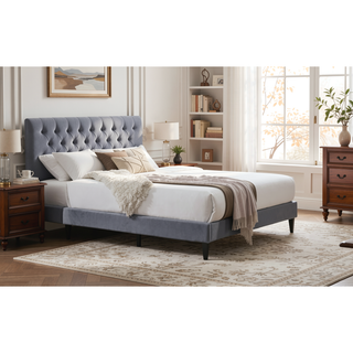 Sunvega Modern Gray Velvet Upholstered Queen Size Bed with Clean Lines Headboard