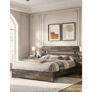Sunvega Rustic Queen Platform Bed Slat Headboard with Brown Finish Wood Veneers