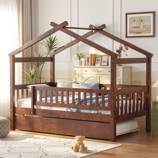 Sunvega Twin Size Wooden House Bed with Trundle and Headboard in Walnut