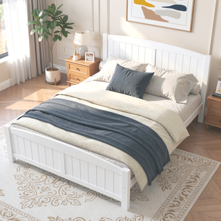 Sunvega White Solid Wood Queen Platform Bed with Slats No Box Spring Needed