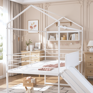 Sunvega Twin Size Metal Loft Bed with Slide and Two-Sided Writable Wooden Board