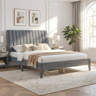 Sunvega Modern Velvet Upholstered Queen Platform Bed with Gray Wood Legs