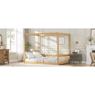 Sunvega Wooden Canopy Frame Floor Bed with Guardrails for Safety and Privacy